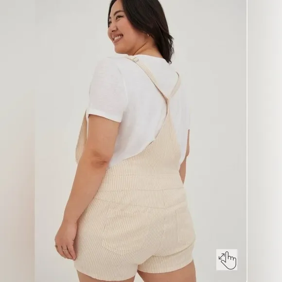 BNWT Torrid  Overall Shorts Tan Stripes 3.5 Inch Stretch Linen Blend Shortall 3X