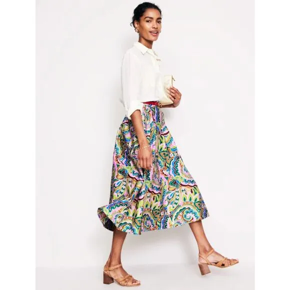 Boden Isabella Cotton Sateen Skirt Floral Paisley Elastic Waistband A-Line Midi
