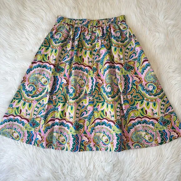 Boden Isabella Cotton Sateen Skirt Floral Paisley Elastic Waistband A-Line Midi
