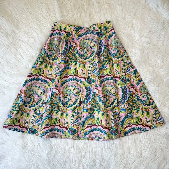 Boden Isabella Cotton Sateen Skirt Floral Paisley Elastic Waistband A-Line Midi