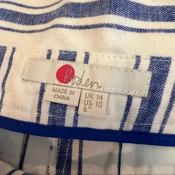 Boden St. Ives Linen Blend Paper Bag Shorts Blue &amp; White Stripes NO BELT size 10