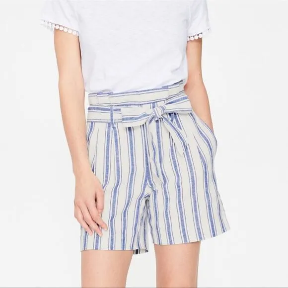 Boden St. Ives Linen Blend Paper Bag Shorts Blue &amp; White Stripes NO BELT size 10