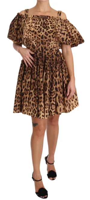 Brown Leopard Cotton A-Line Dress