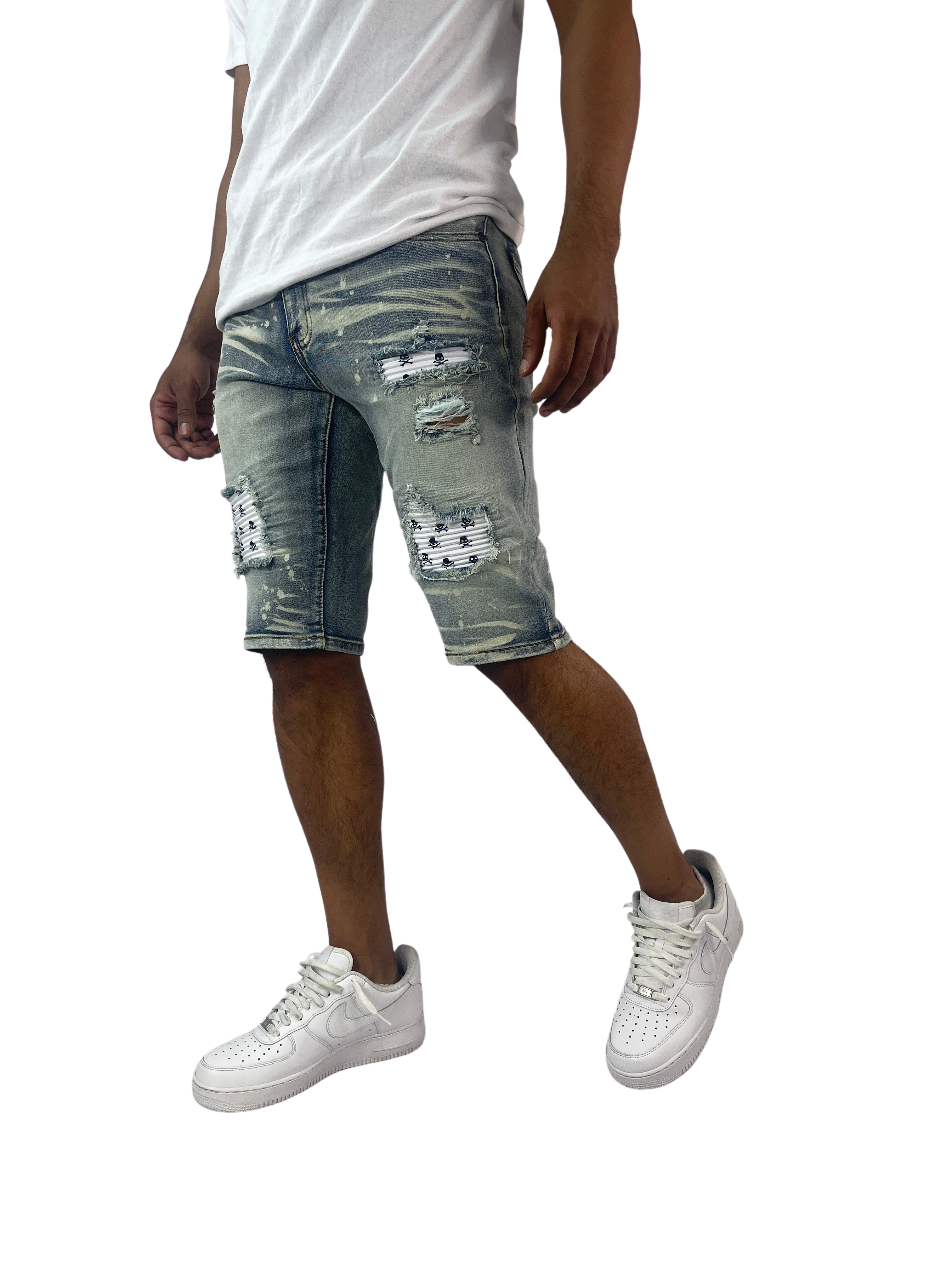 BTS222253:Skull Patch Denim Shorts