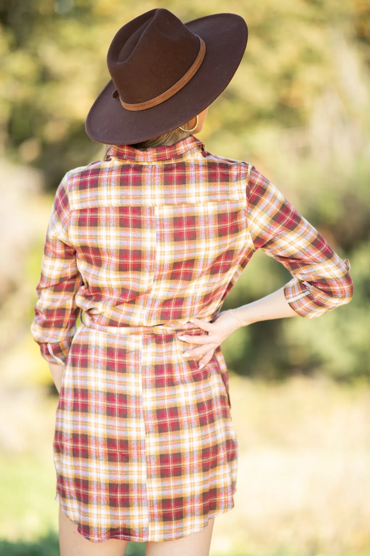 Burgundy and Copper Plaid Shirt Dress
