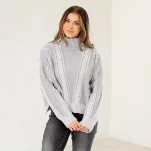 Cable-Knit Turtleneck Dropped Shoulder Sweater