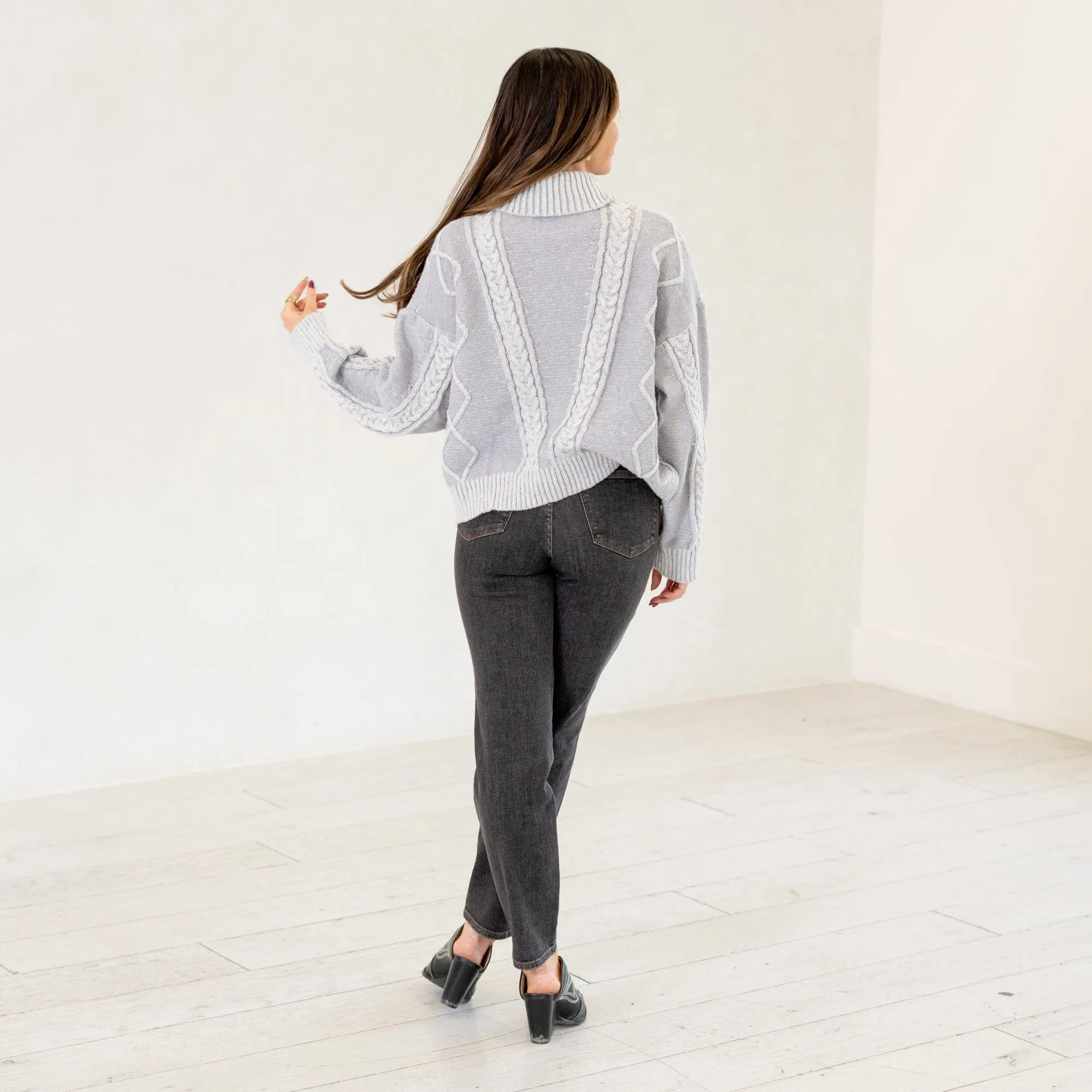 Cable-Knit Turtleneck Dropped Shoulder Sweater