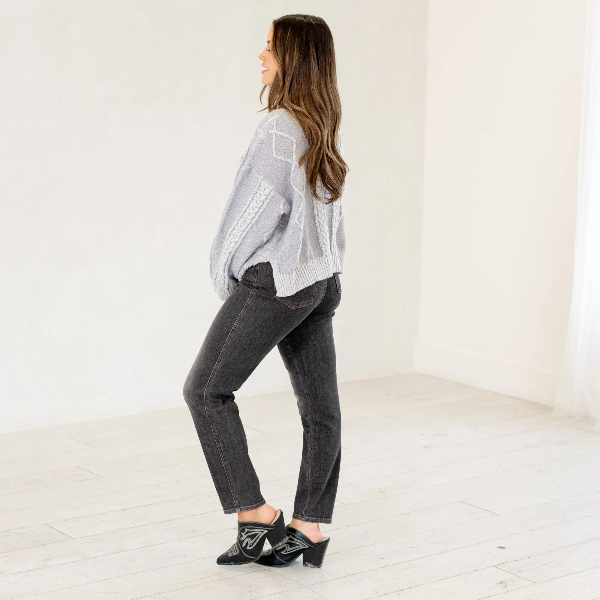 Cable-Knit Turtleneck Dropped Shoulder Sweater