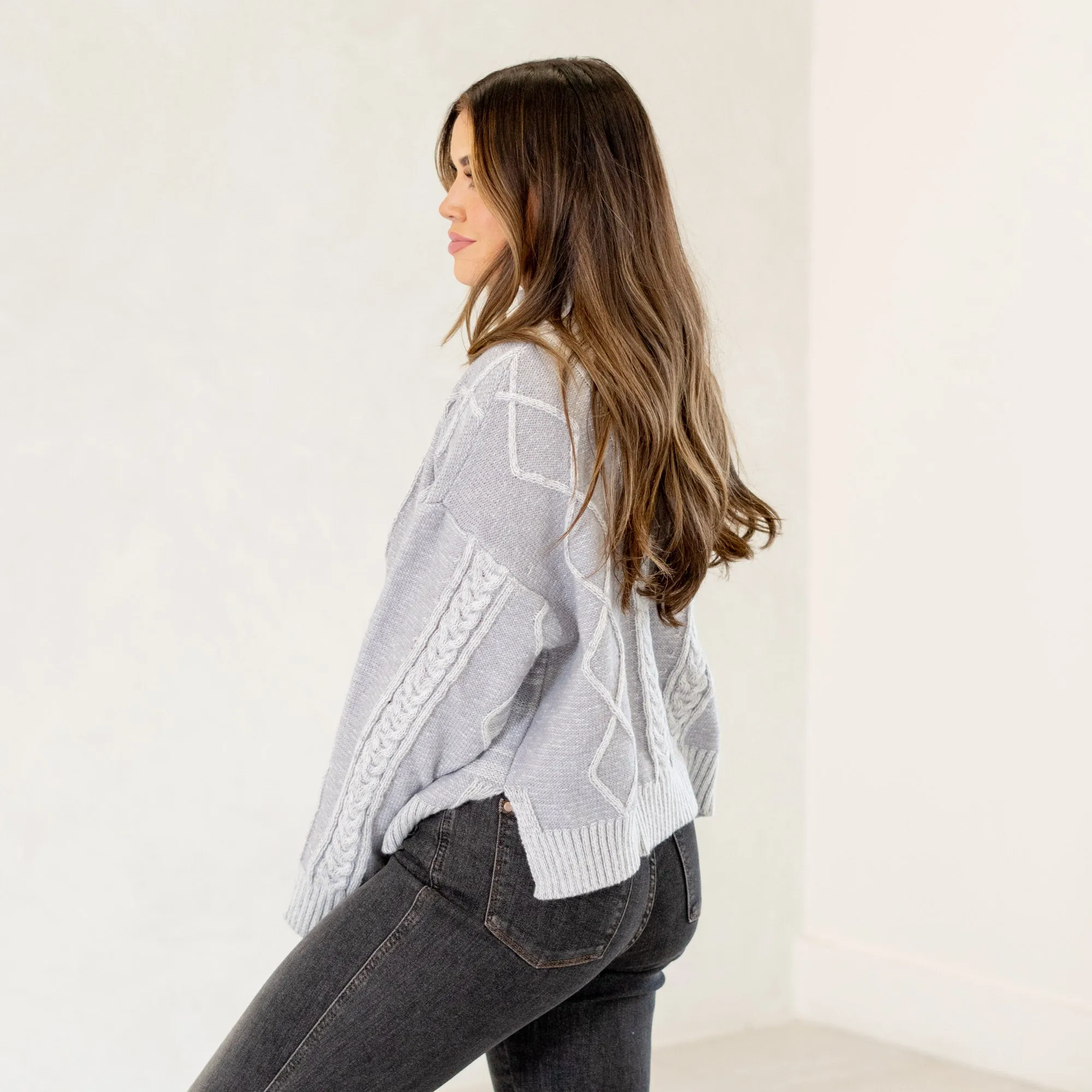Cable-Knit Turtleneck Dropped Shoulder Sweater