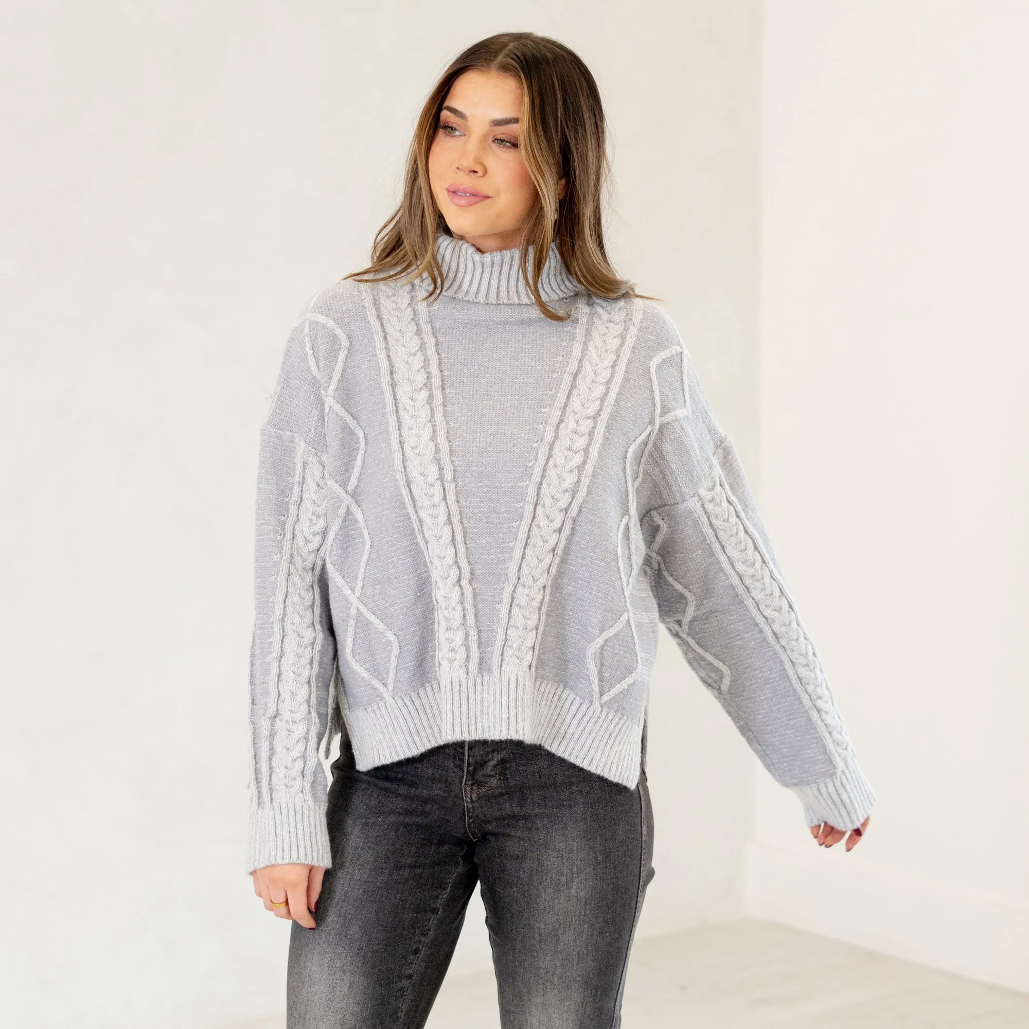 Cable-Knit Turtleneck Dropped Shoulder Sweater