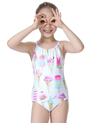 Cadocado Big Girls Cute One Piece Swimsuit Beach Sport Scoop Neck Bathing Suit Swimwear, Ice Cream,7Y