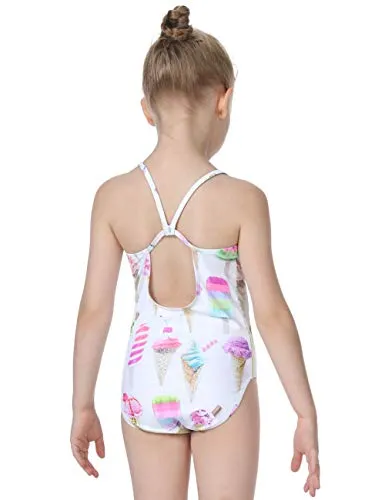 Cadocado Big Girls Cute One Piece Swimsuit Beach Sport Scoop Neck Bathing Suit Swimwear, Ice Cream,7Y