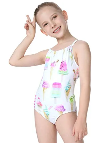 Cadocado Big Girls Cute One Piece Swimsuit Beach Sport Scoop Neck Bathing Suit Swimwear, Ice Cream,7Y