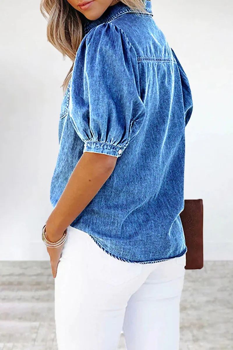 Casual Solid Patchwork Pocket Turndown Collar Tops