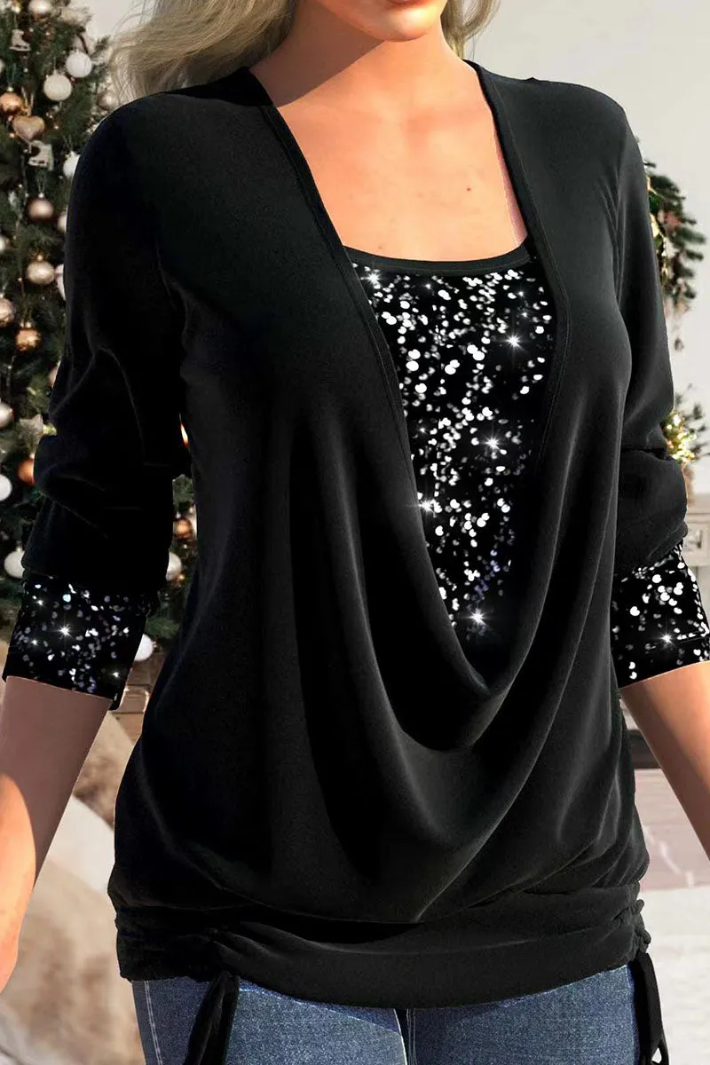 Casual Solid Sequins Patchwork Asymmetrical Collar Tops(8 Colors)
