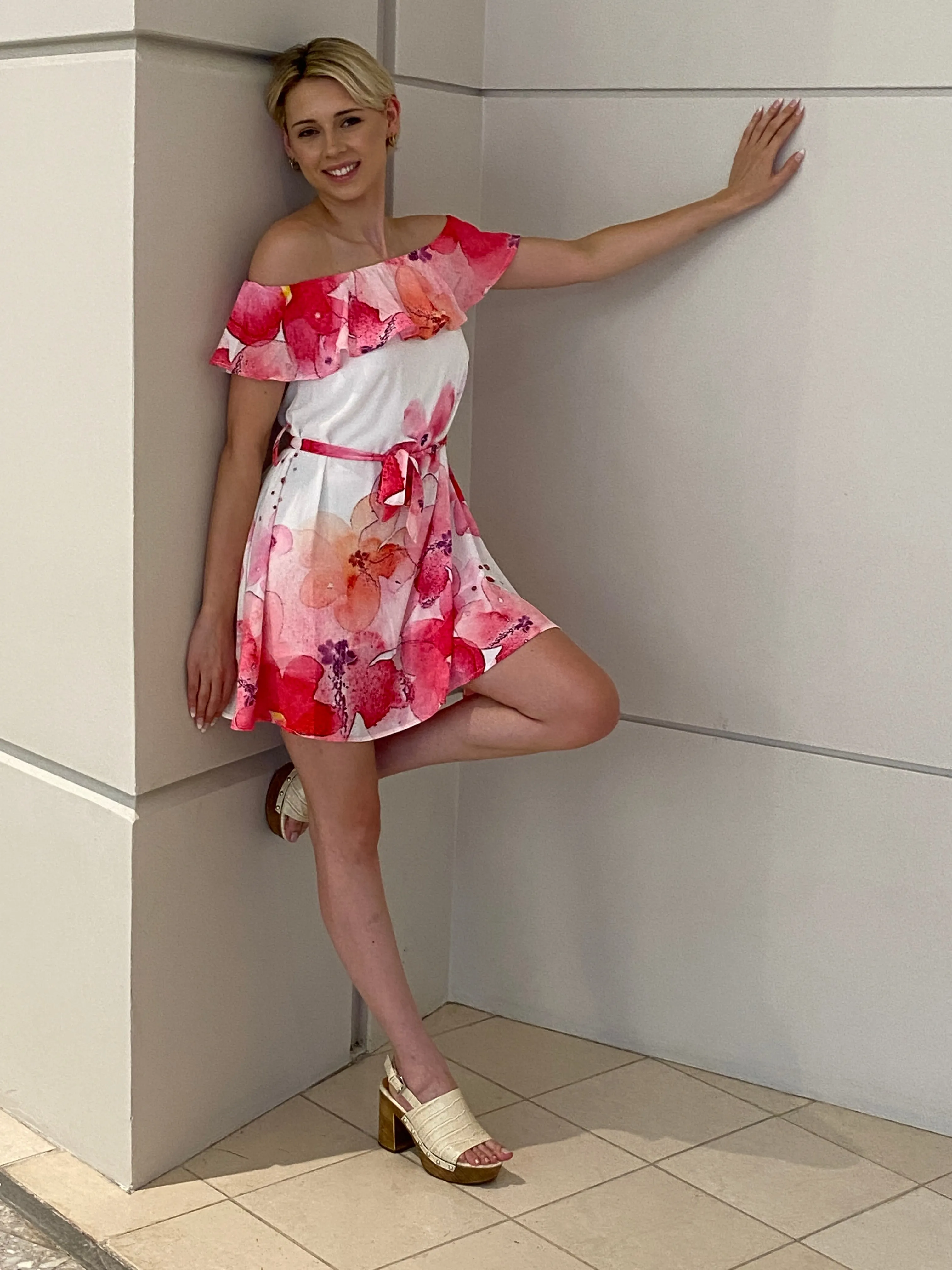 Cherry Blossom Off Shoulder Chiffon Dress