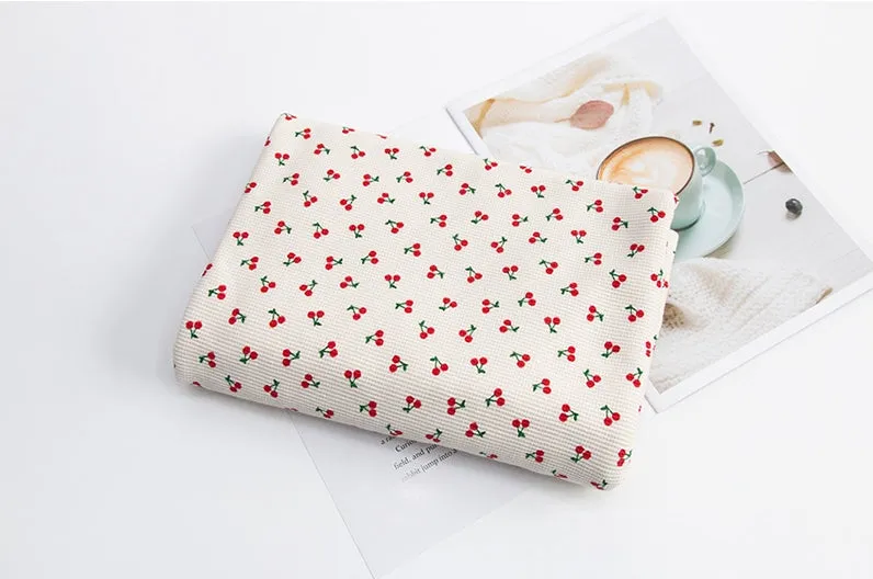 Cherry Waffle Fabric Cotton Blend, Honeycomb Fabric, Cherries Waffle Stretch Fabric - White Ivory, Light Purple - By the Yard /54113