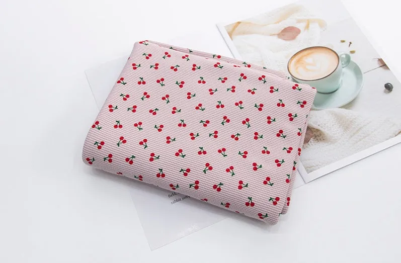 Cherry Waffle Fabric Cotton Blend, Honeycomb Fabric, Cherries Waffle Stretch Fabric - White Ivory, Light Purple - By the Yard /54113