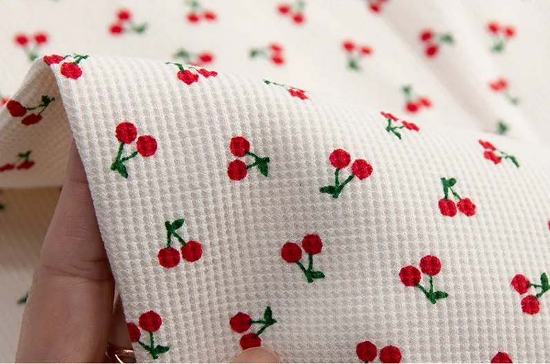 Cherry Waffle Fabric Cotton Blend, Honeycomb Fabric, Cherries Waffle Stretch Fabric - White Ivory, Light Purple - By the Yard /54113