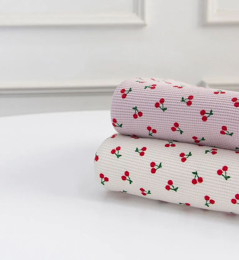 Cherry Waffle Fabric Cotton Blend, Honeycomb Fabric, Cherries Waffle Stretch Fabric - White Ivory, Light Purple - By the Yard /54113