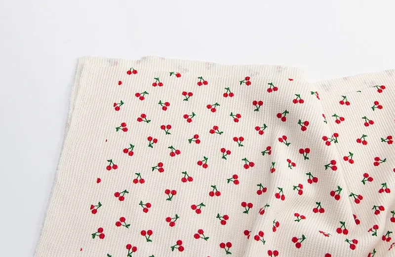 Cherry Waffle Fabric Cotton Blend, Honeycomb Fabric, Cherries Waffle Stretch Fabric - White Ivory, Light Purple - By the Yard /54113