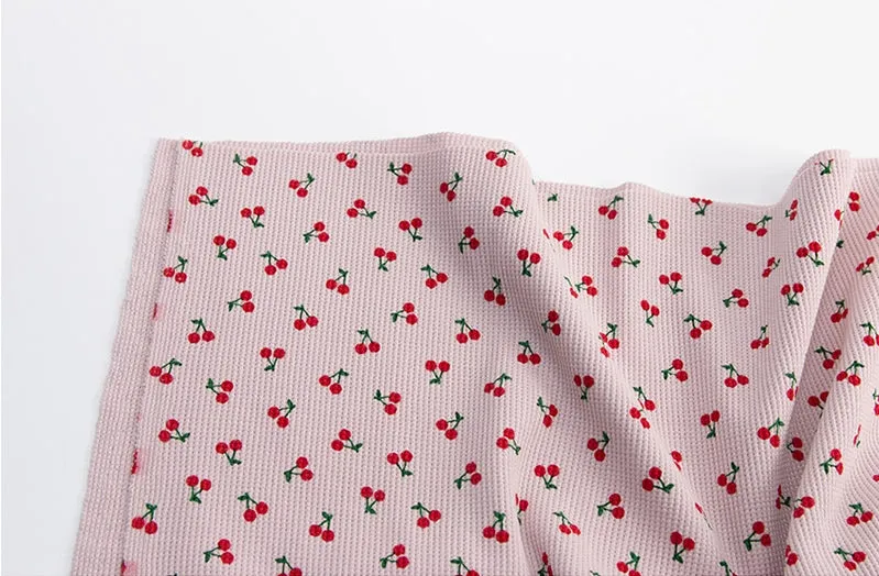 Cherry Waffle Fabric Cotton Blend, Honeycomb Fabric, Cherries Waffle Stretch Fabric - White Ivory, Light Purple - By the Yard /54113