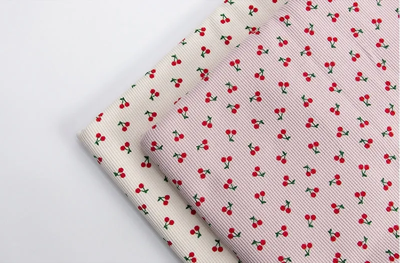 Cherry Waffle Fabric Cotton Blend, Honeycomb Fabric, Cherries Waffle Stretch Fabric - White Ivory, Light Purple - By the Yard /54113