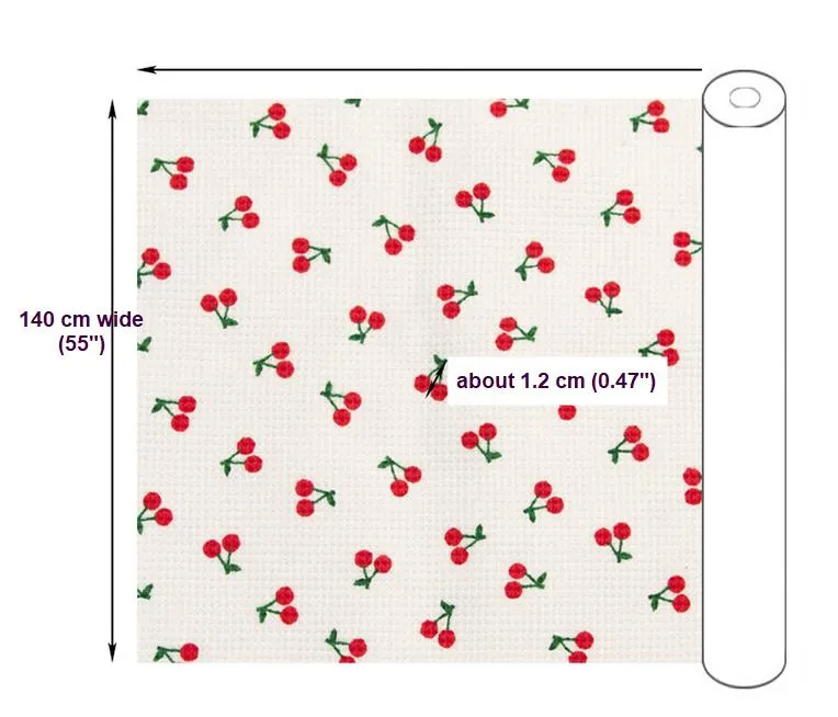 Cherry Waffle Fabric Cotton Blend, Honeycomb Fabric, Cherries Waffle Stretch Fabric - White Ivory, Light Purple - By the Yard /54113