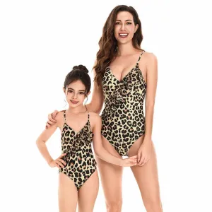 Chic Leopard Print One-Piece Swimsuit with Ruffle Accent - Timeless Mother & Daughter Beachwear