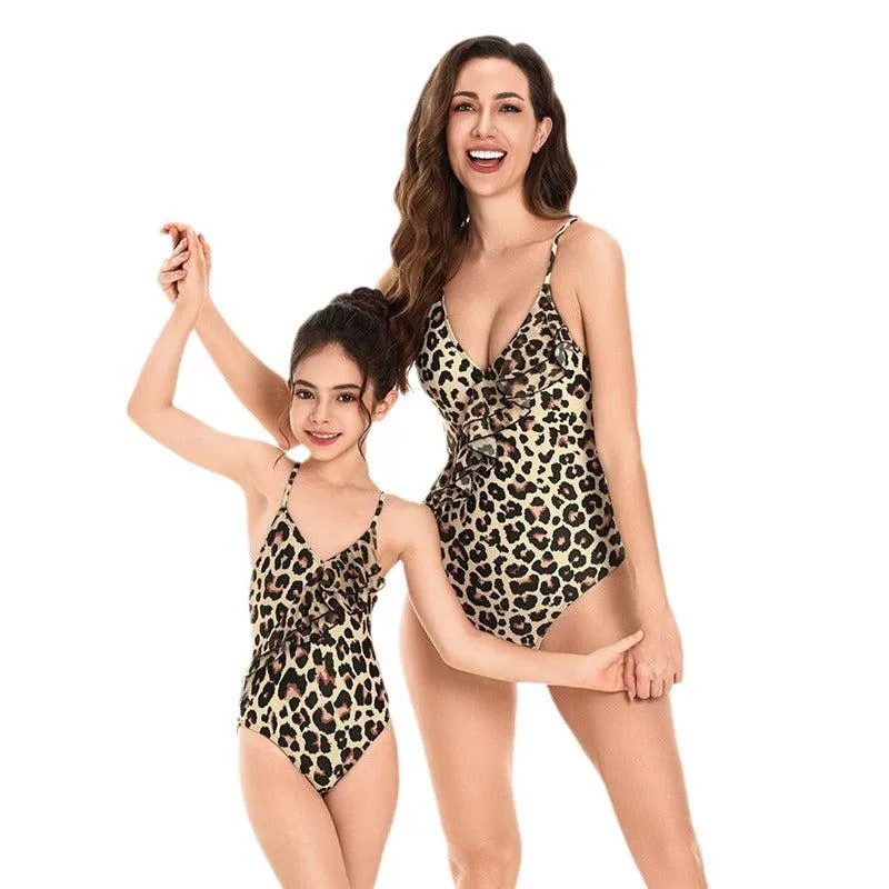 Chic Leopard Print One-Piece Swimsuit with Ruffle Accent - Timeless Mother & Daughter Beachwear