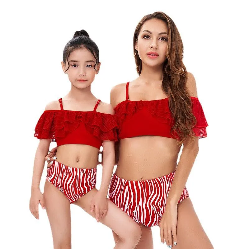 Chic Mother-Daughter One-Shoulder Swimsuit with Playful Ruffles and Contrasting Stripes - Nylon & Polyester Blend