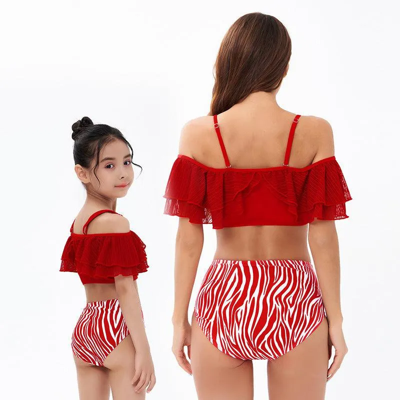 Chic Mother-Daughter One-Shoulder Swimsuit with Playful Ruffles and Contrasting Stripes - Nylon & Polyester Blend