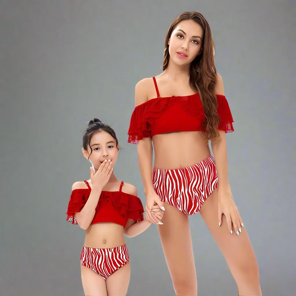 Chic Mother-Daughter One-Shoulder Swimsuit with Playful Ruffles and Contrasting Stripes - Nylon & Polyester Blend
