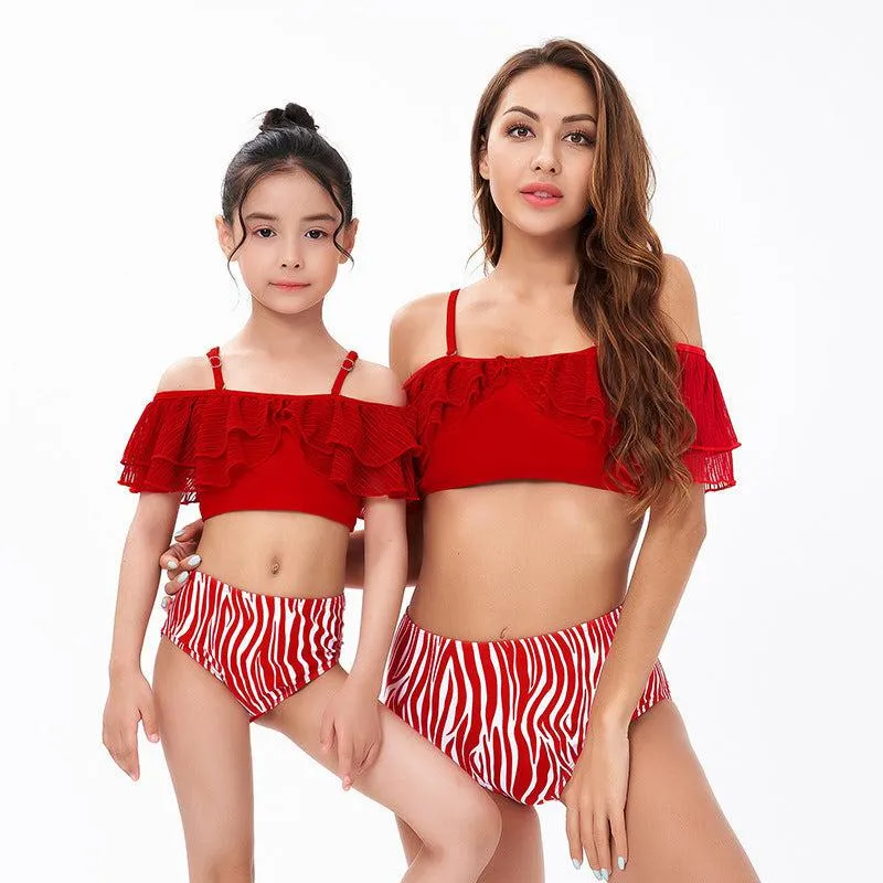 Chic Mother-Daughter One-Shoulder Swimsuit with Playful Ruffles and Contrasting Stripes - Nylon & Polyester Blend