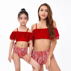 Chic Mother-Daughter One-Shoulder Swimsuit with Playful Ruffles and Contrasting Stripes - Nylon & Polyester Blend