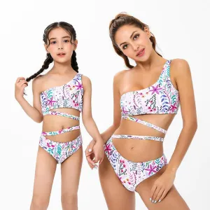 Chic Tropical One-Shoulder Ruffle Swimsuit Set for Mother and Daughter  Vibrant Floral Pattern with Comfort Stretch