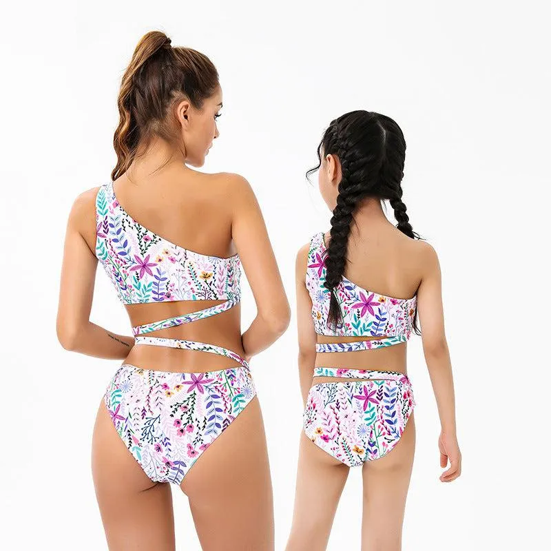 Chic Tropical One-Shoulder Ruffle Swimsuit Set for Mother and Daughter  Vibrant Floral Pattern with Comfort Stretch
