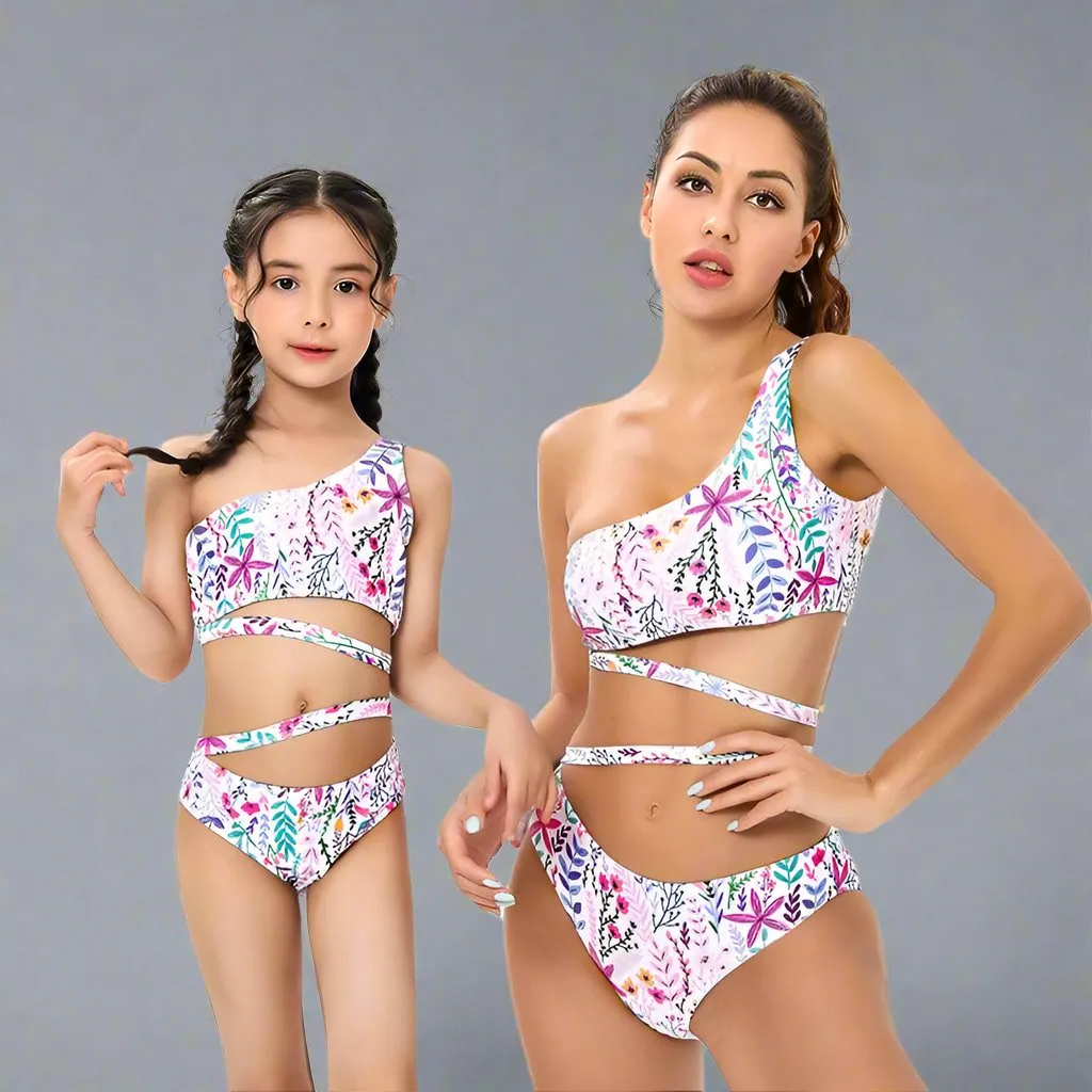 Chic Tropical One-Shoulder Ruffle Swimsuit Set for Mother and Daughter  Vibrant Floral Pattern with Comfort Stretch