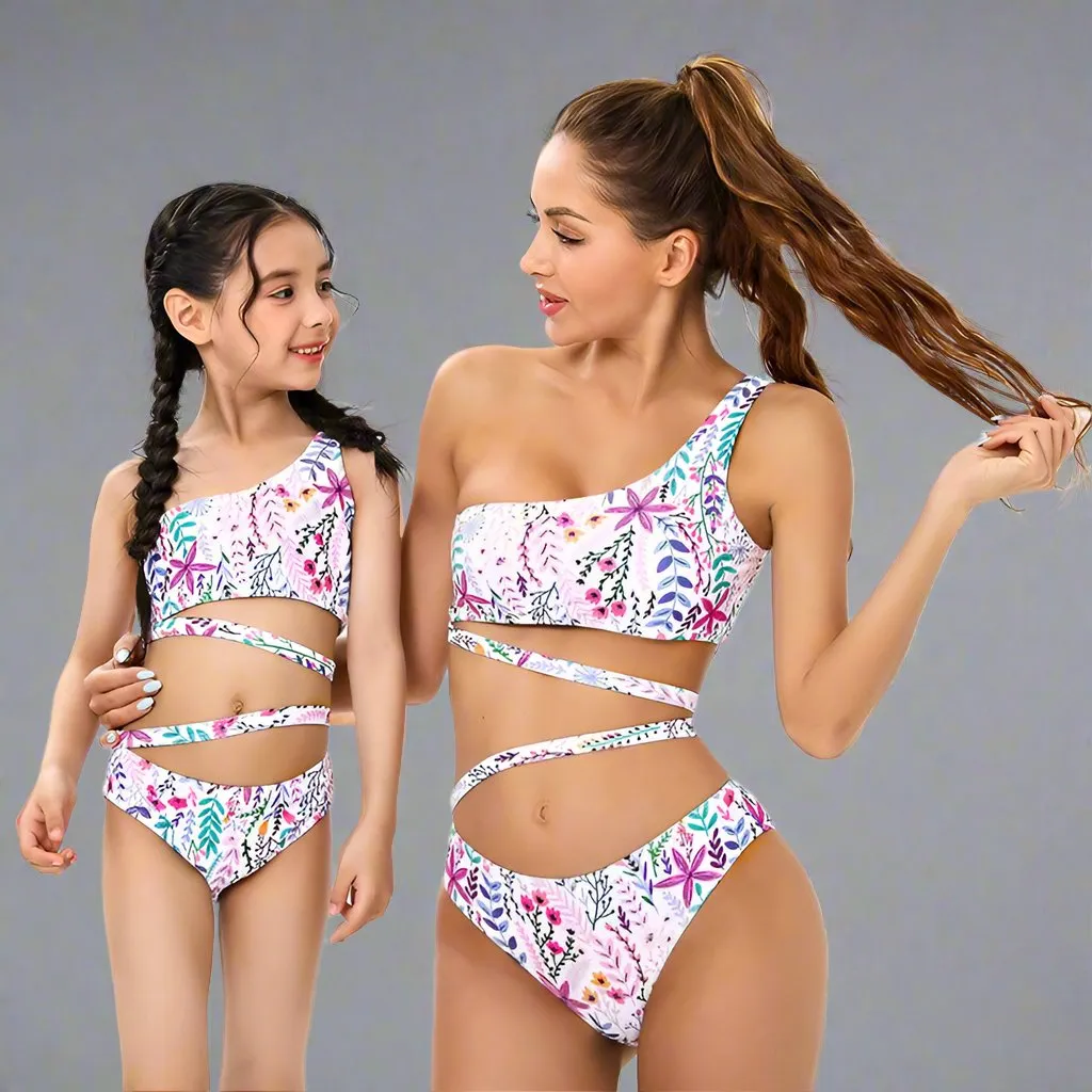 Chic Tropical One-Shoulder Ruffle Swimsuit Set for Mother and Daughter  Vibrant Floral Pattern with Comfort Stretch