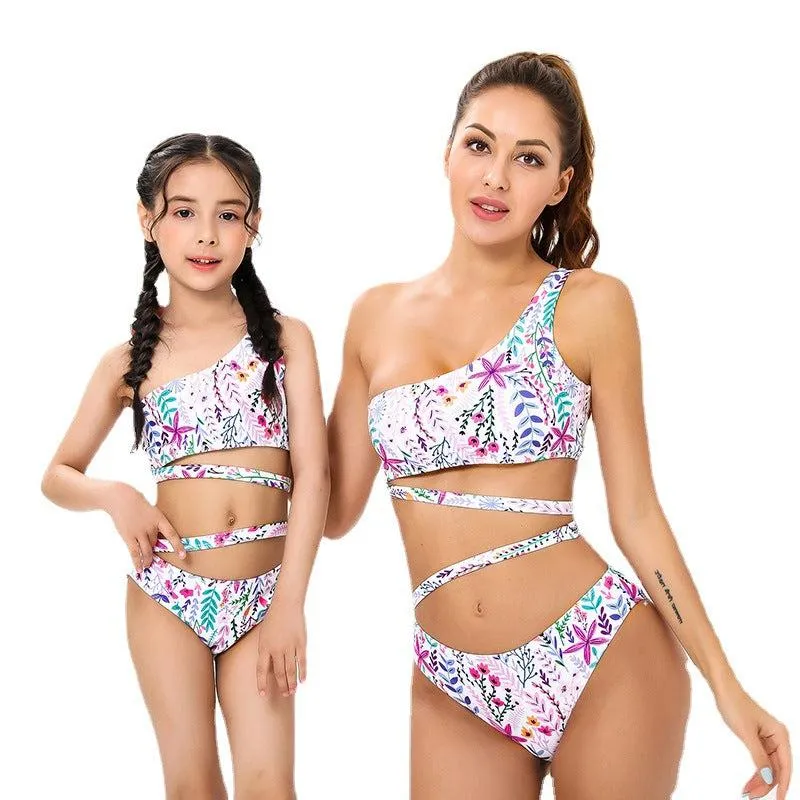 Chic Tropical One-Shoulder Ruffle Swimsuit Set for Mother and Daughter  Vibrant Floral Pattern with Comfort Stretch