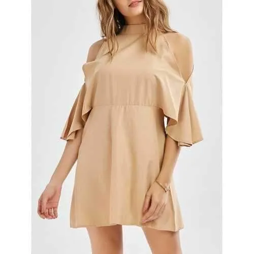 Cold Shoulder Mock Neck Mini Dress - Khaki Xl
