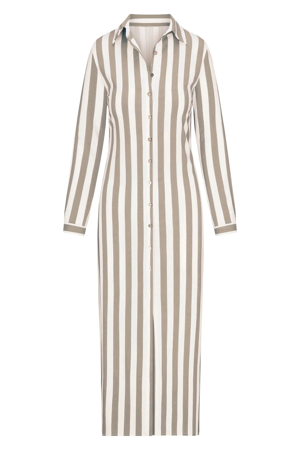 Collared Button-Down Maxi Shirt Dress in Striped Stretch Twill