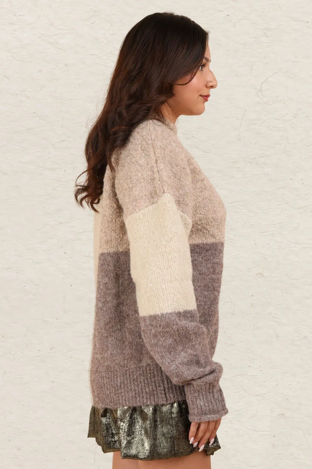 Color Block Mock Neck Sweater - Cream