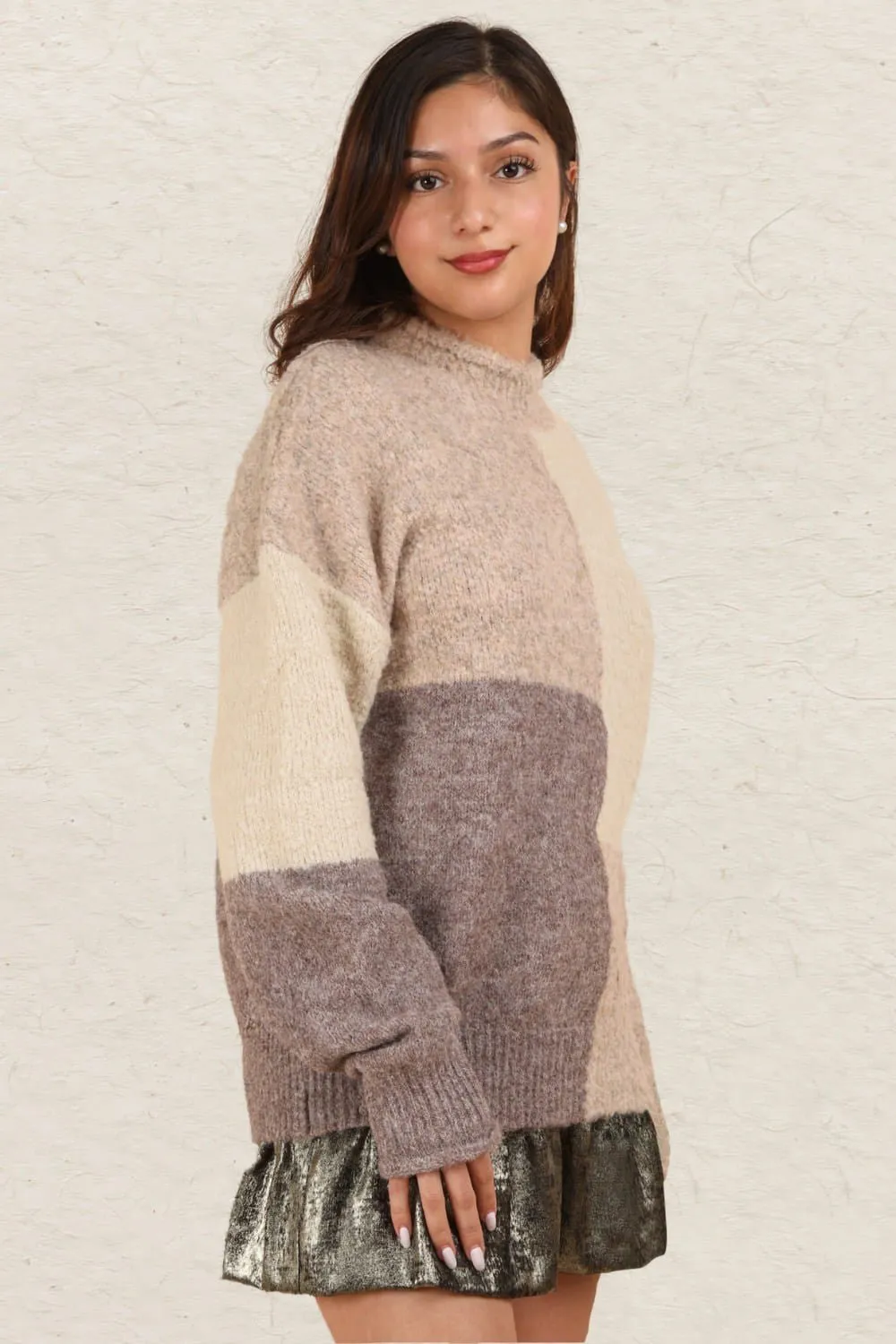 Color Block Mock Neck Sweater - Cream