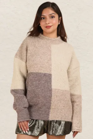 Color Block Mock Neck Sweater - Cream