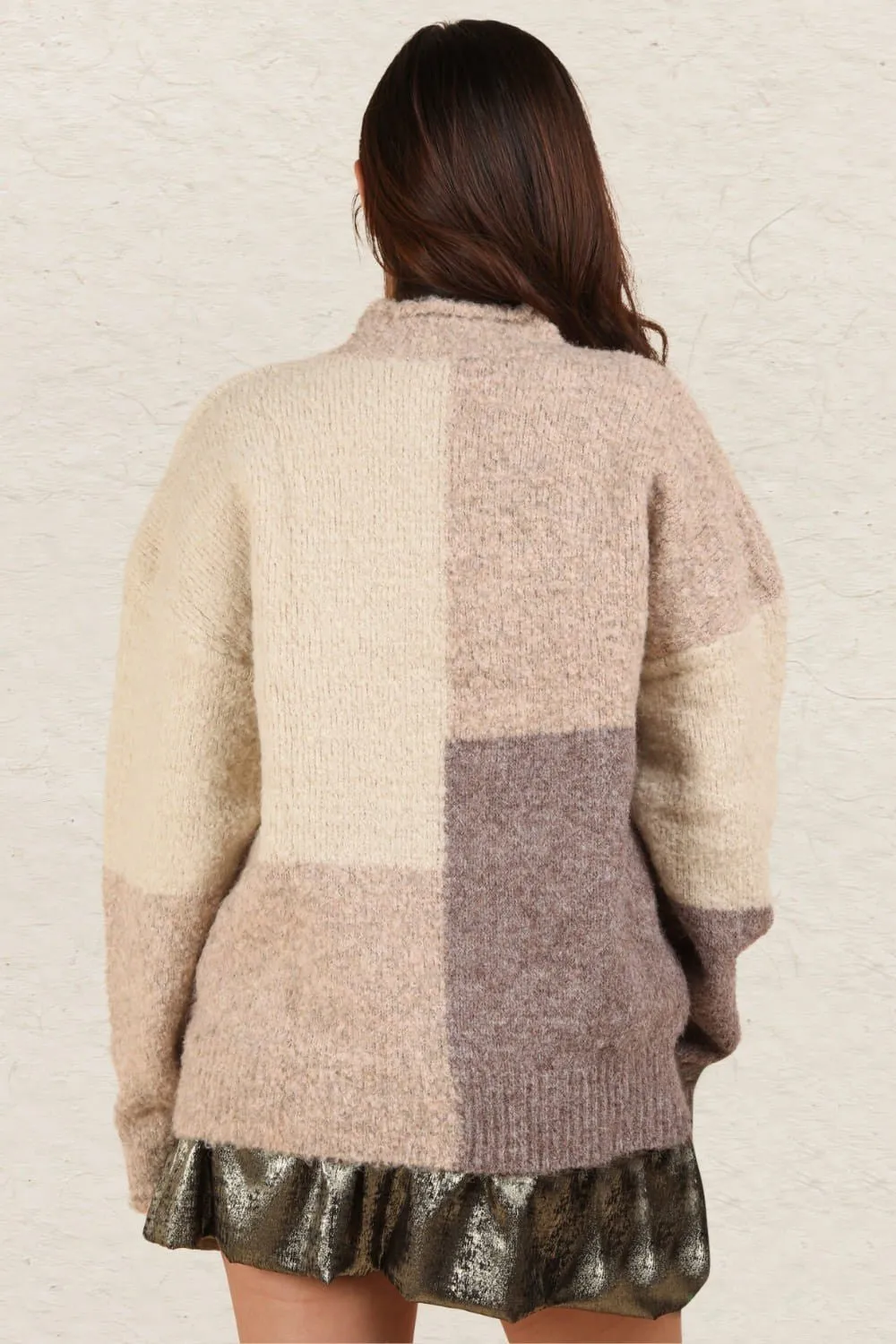 Color Block Mock Neck Sweater - Cream