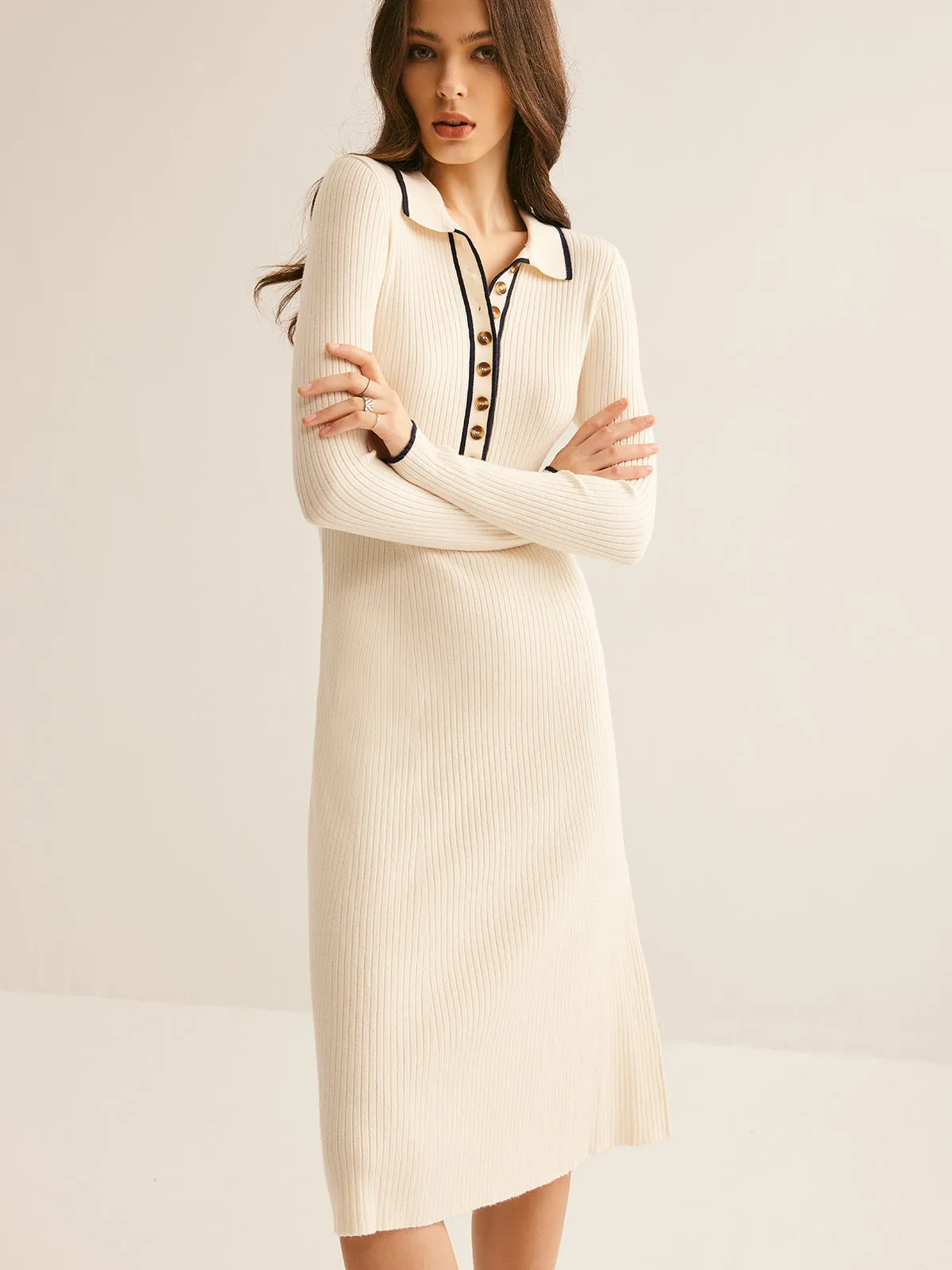 Contrast Trim Lapel Sweater Dress
