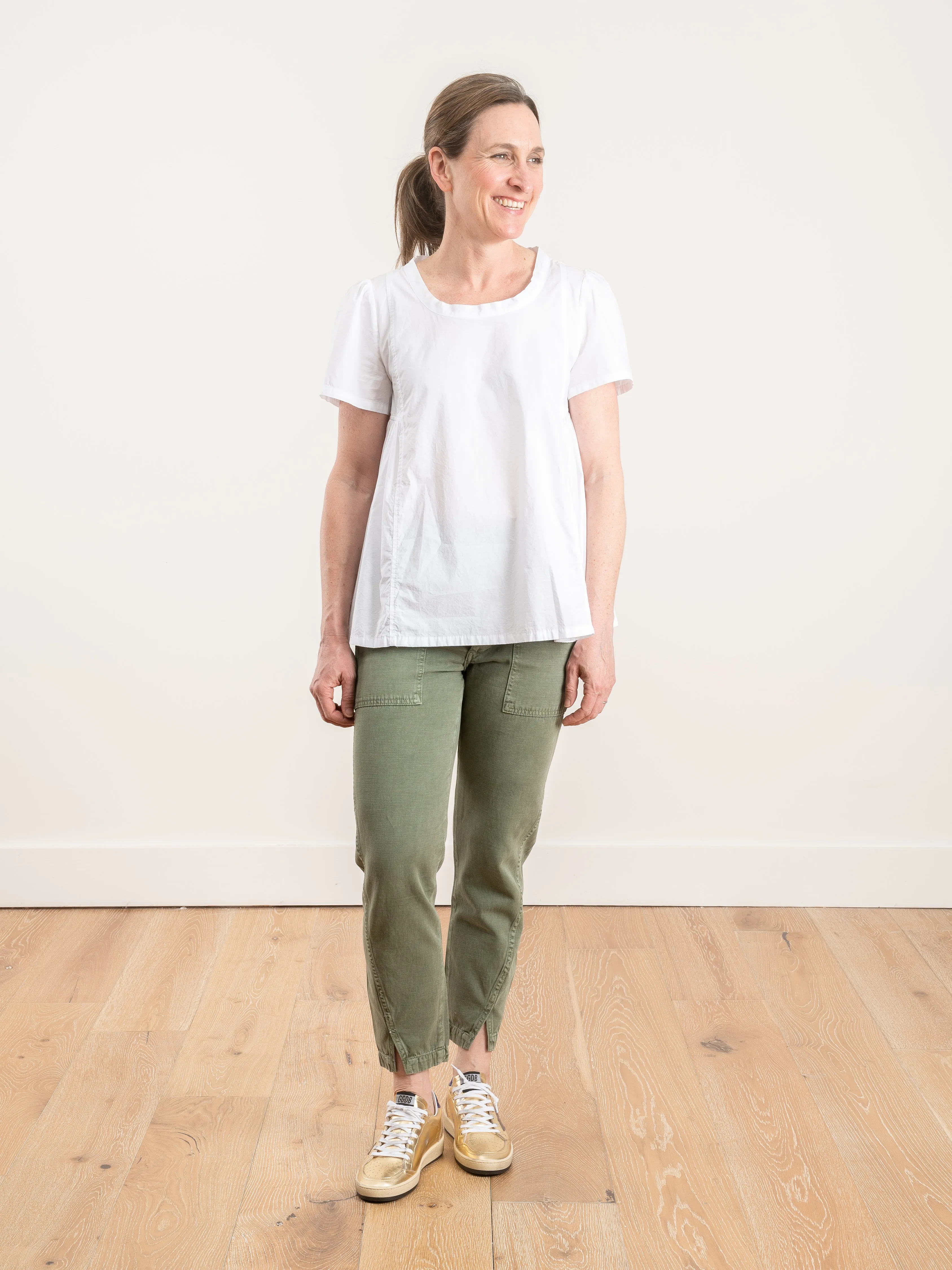 cotton poplin side pleated top - white