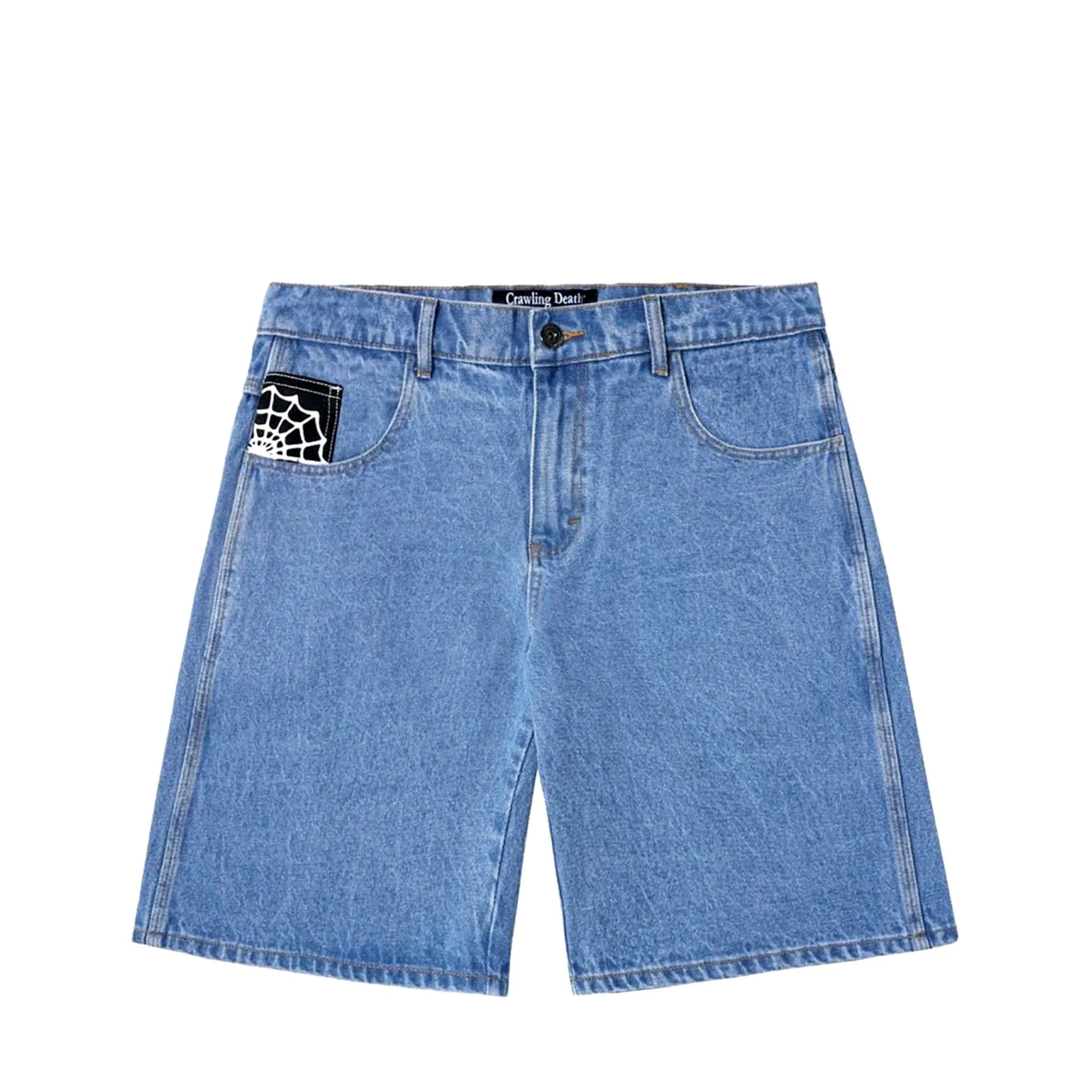Crawling Death Web Denim Shorts Mid Blue
