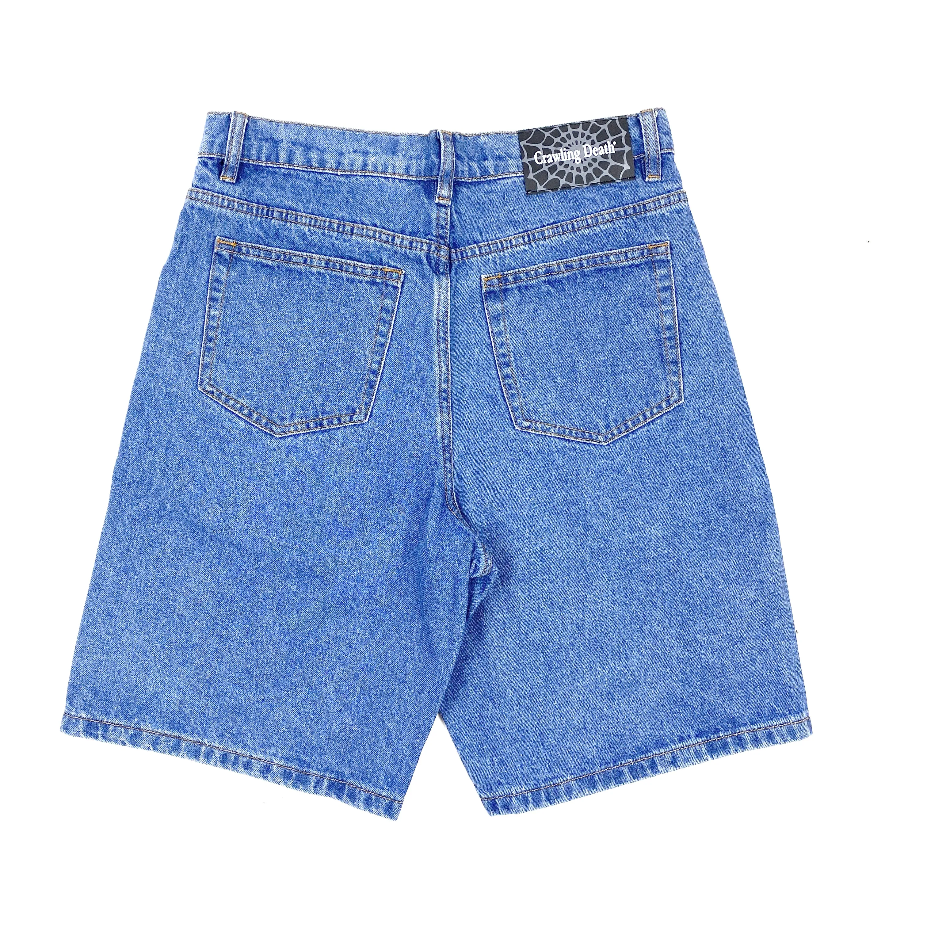 Crawling Death Web Denim Shorts Mid Blue